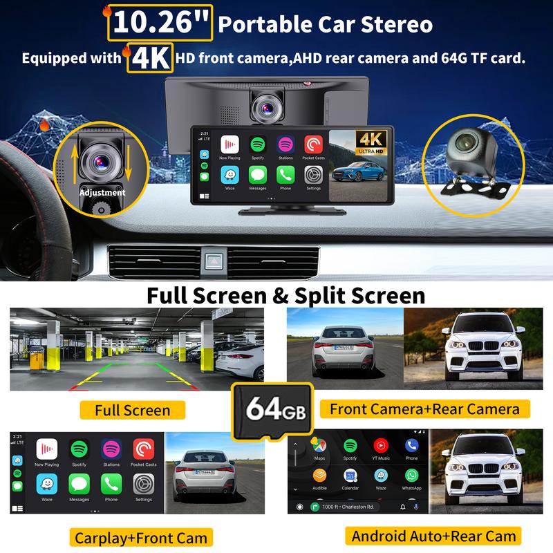 Screen 10.26" INCH Portable Car Player Carplay Android Auto Bluetooth IPS  Touch Screen Dash Cam AirPlay Android Cast  Backup Camera  Loop Recording Bluetooth  FM AUX