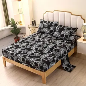 4PCS Sugar Skull Queen Sheets Set, Soft Microfiber Gothic Sheets Queen Size Skeleton Printed, Goth Bedding Sheet Set Deep All Season