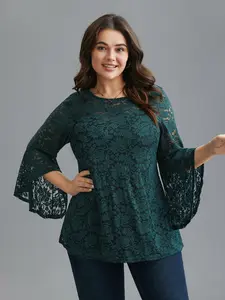 【Summer Turn-Up】【Essential】BlOOMCHIC Plus Size Sheer Lace Irregular Sleeve Lined Shirt DarkGreen Romantic Ruffle Sleeve Asymmetrical Regular Fit Top [M-6X] 2026 Summer Pick for Mother's Day