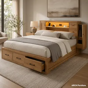 Modern LED Headboard Bed Frame with Wooden Storage Headboard, Drawers, Pull-Out Cabinet, Built-In Lighting, Built-In Socket, Solid Wood Natural Finish (Expected Arrival Date 2026/2/10) - Illuminated Natural Bed Frame, Illuminated Bed Frames