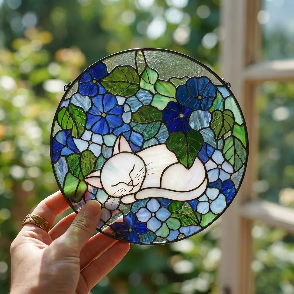 Sleeping White Cat in Daisy Basket Stained Glass Suncatcher, Floral Garden Window Hanging, Cat Lover Gift, Pet Memorial Decor, Gift for Mom