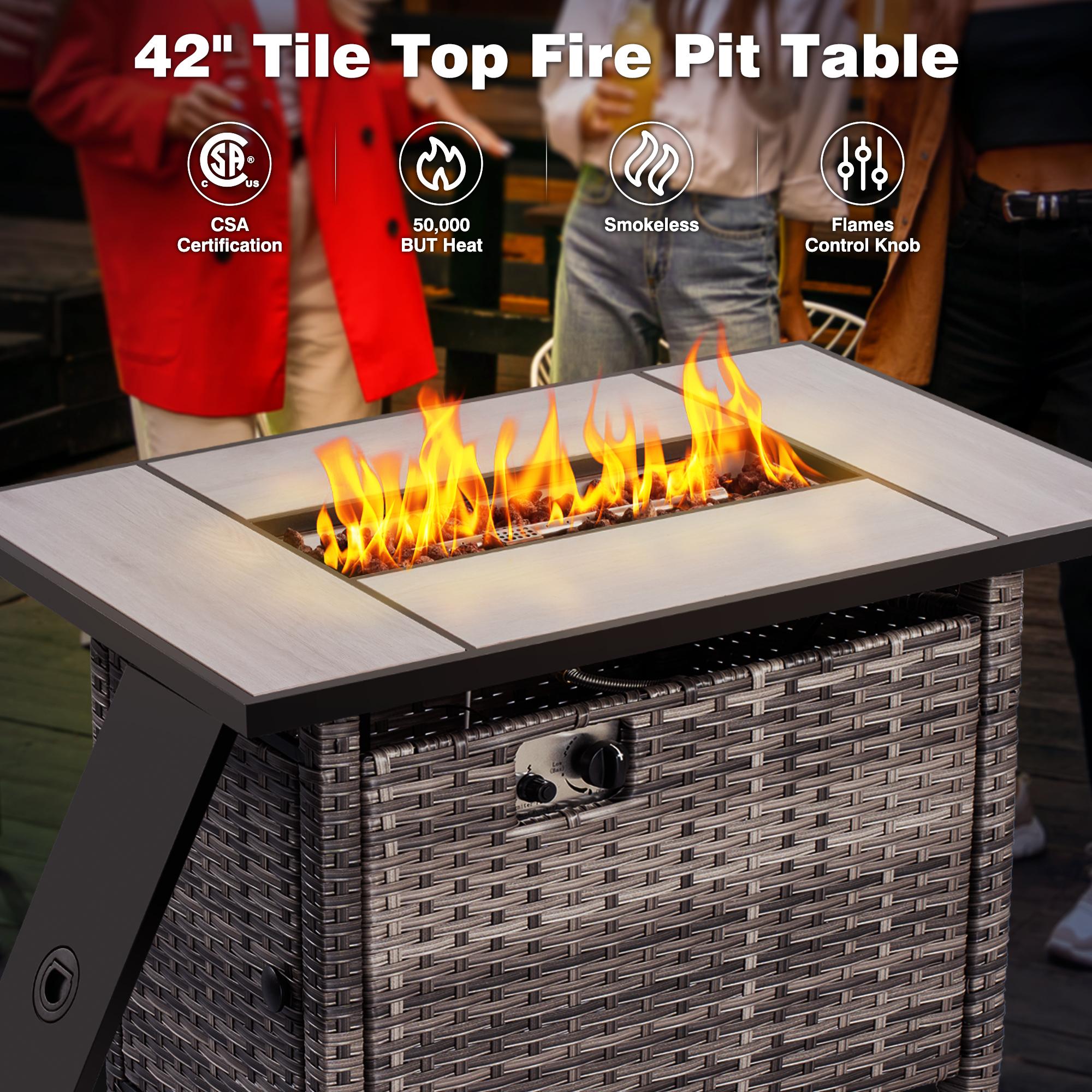 OVIOS Kenard 7-Piece Outdoor Patio Conversation Set with 42'' Propane Fire Pit Table & Rocking Chairs, Wicker Sofa Set with Cushions for Backyard Patio Porch Deck Garden Balcony Outdoor Seating