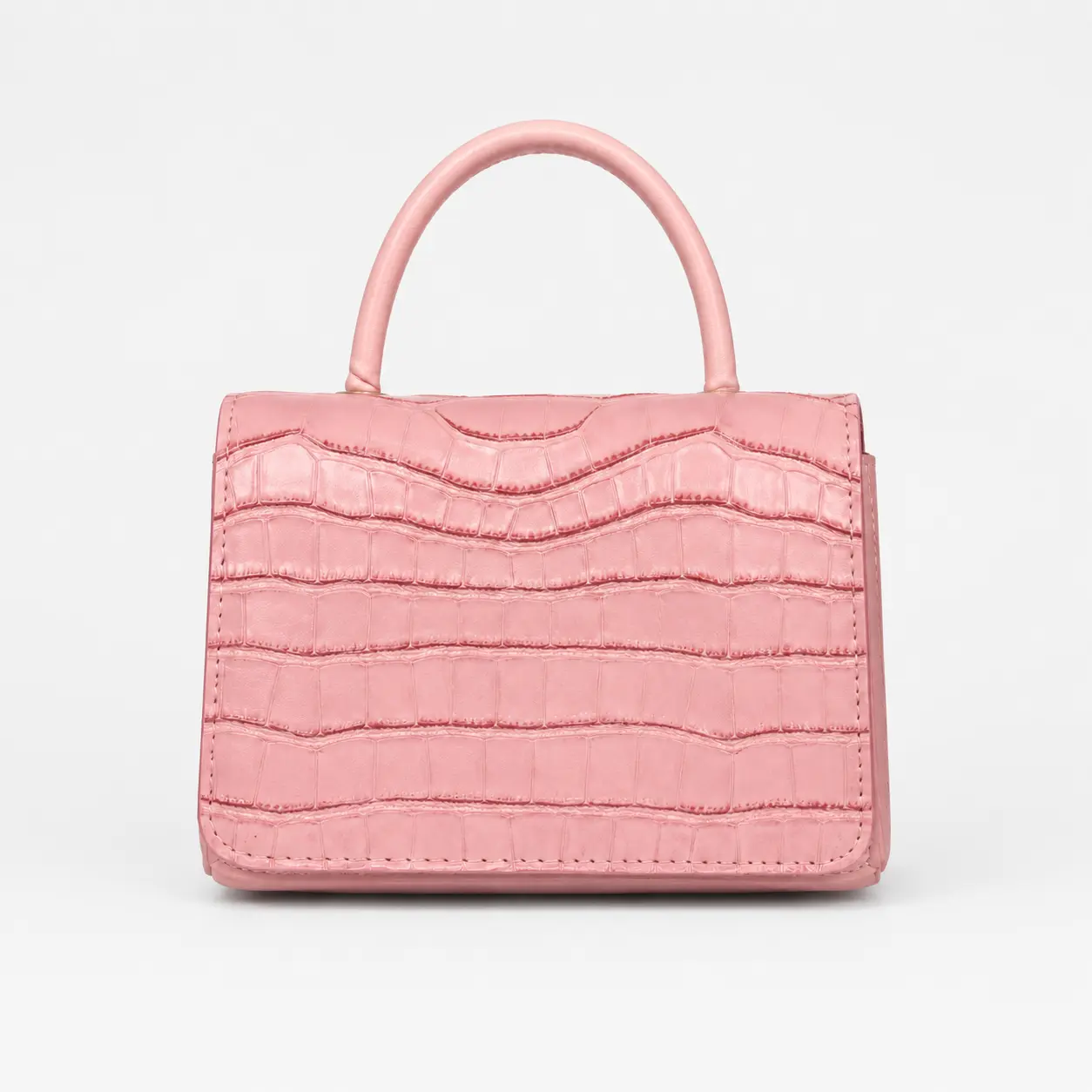 Women's Glossy Pink Crocodile-Embossed Structured Mini Square Bag - Top Handle Satchel with Flap Closure, Compact Daily Handbag for Shopping, Commute