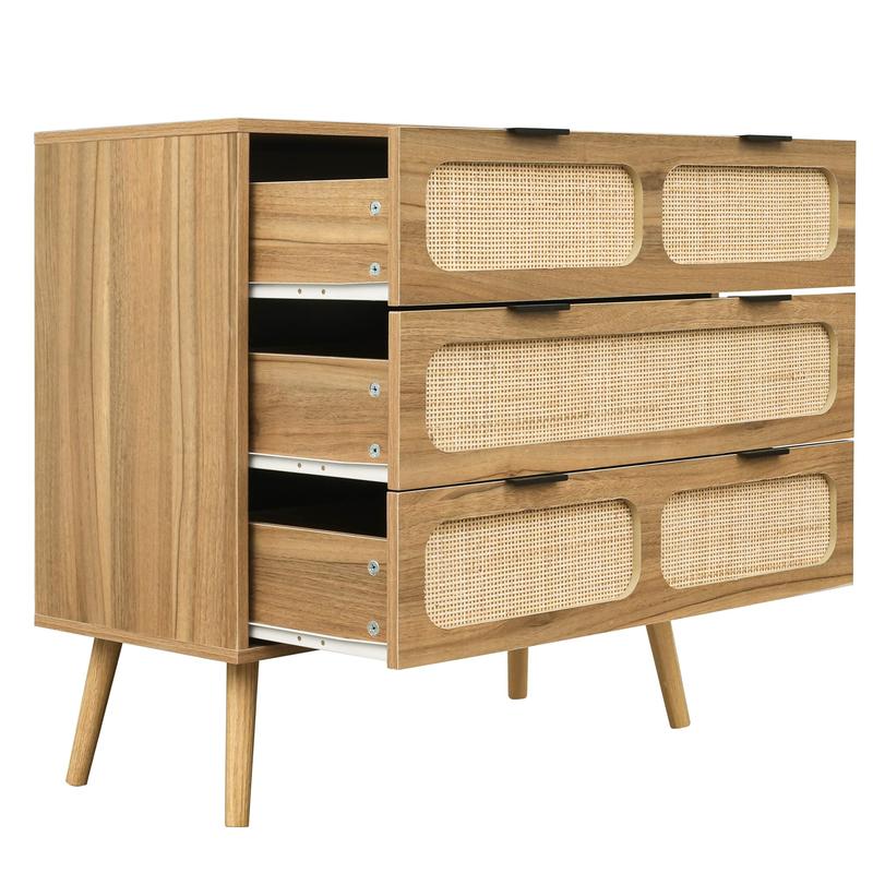Giratree 3 Drawer Dresser, Modern Rattan Dresser Chest with Wide Drawers and Metal Handles, Farmhouse Wood Storage Chest of Drawers for Bedroom, Living Room, Hallway, Entryway