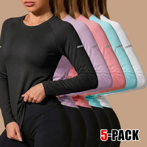 Women's 5pcs Quick-Dry Long Sleeve Athletic Tops - Breathable Ultra-Thin Printed Crewneck Gym Workout Apparel, Dry Fit Wicking Shirts for Spring/Autumn Running, Outdoor Activities, Women's Gym Clothes