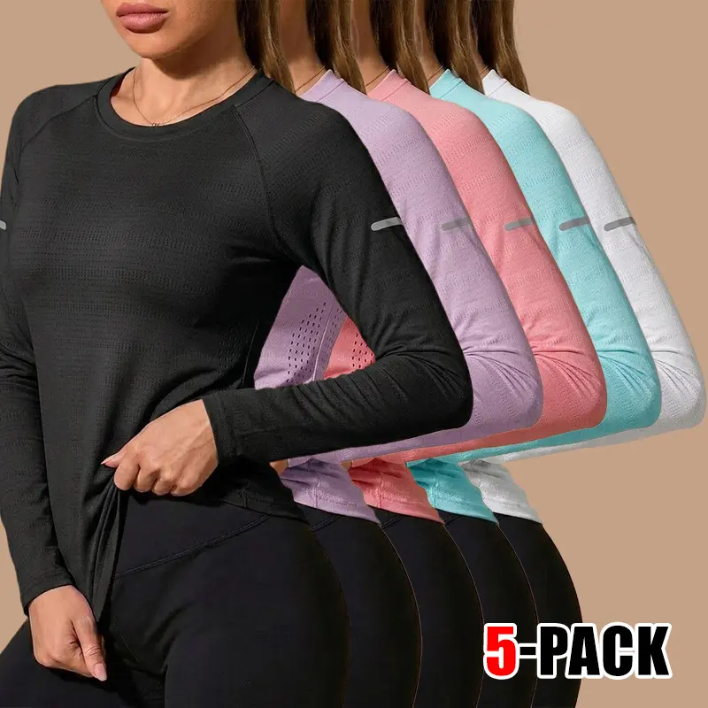 Women's 5pcs Quick-Dry Spring/Autumn Long Sleeve Sports Tops - Breathable Ultra-Thin Printed Crew Neck Shirts for Women, Ideal for Running, Outdoor Activities