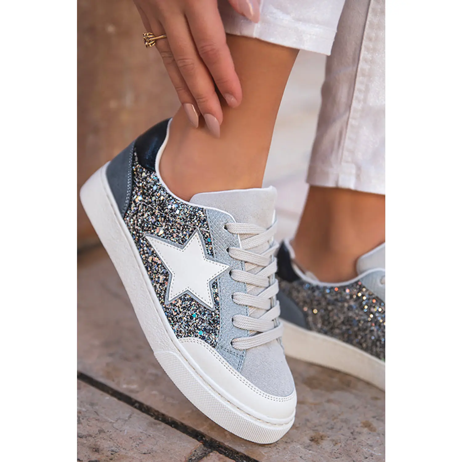 Silvery Star Glitter Lace-up Sneakers | US6-10