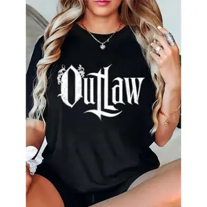 Women’s Black “Outlaw” Graphic T-Shirt – Edgy Vintage Style for Casual, Concert, & Daily Outings