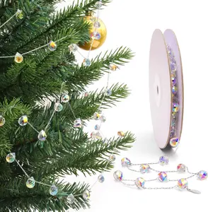Christmas Garland 9.8Ft Crystal Glass Beads Strands 100pcs 10mm Faceted Waterdrop Beads Iridescent Hanging Ornament for Tree Centerpieces Wedding Party Decorations
