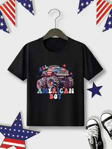 Toddler Boy's Cartoon Off Road Vehicle Print Round Neck Tee, Casual Short Sleeve T-shirt for Daily Wear, Kids Clothing for All Seasons, Graphic Printed Tee