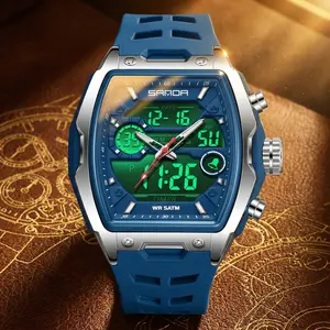 Men's Tonneau Sports Watch Rugged Military Tactical Wristwatch with Dual Display Analog Digital  5ATM Waterproof Chronograph Luminous Face & Silicone Strap