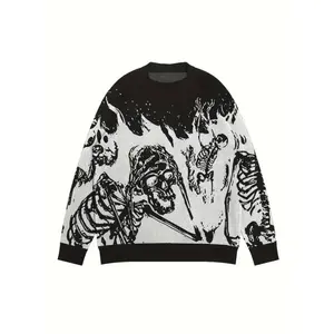 Y2K Long Sleeve Sweater, Loose Casual Sweater Skull Pattern Knitted Sweater, Men's Warm Slightly Stretch Crew Neck Pullover Sweater For Men Fall Winter
