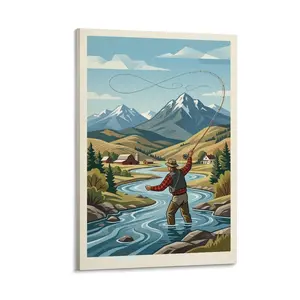 1pc Frameless 2D Flat Canvas Art, Vintage Fly Fishing & Mountain River Farm Scene, Printed Colorful Wall Decor for Home, Living Room, Bedroom, Office