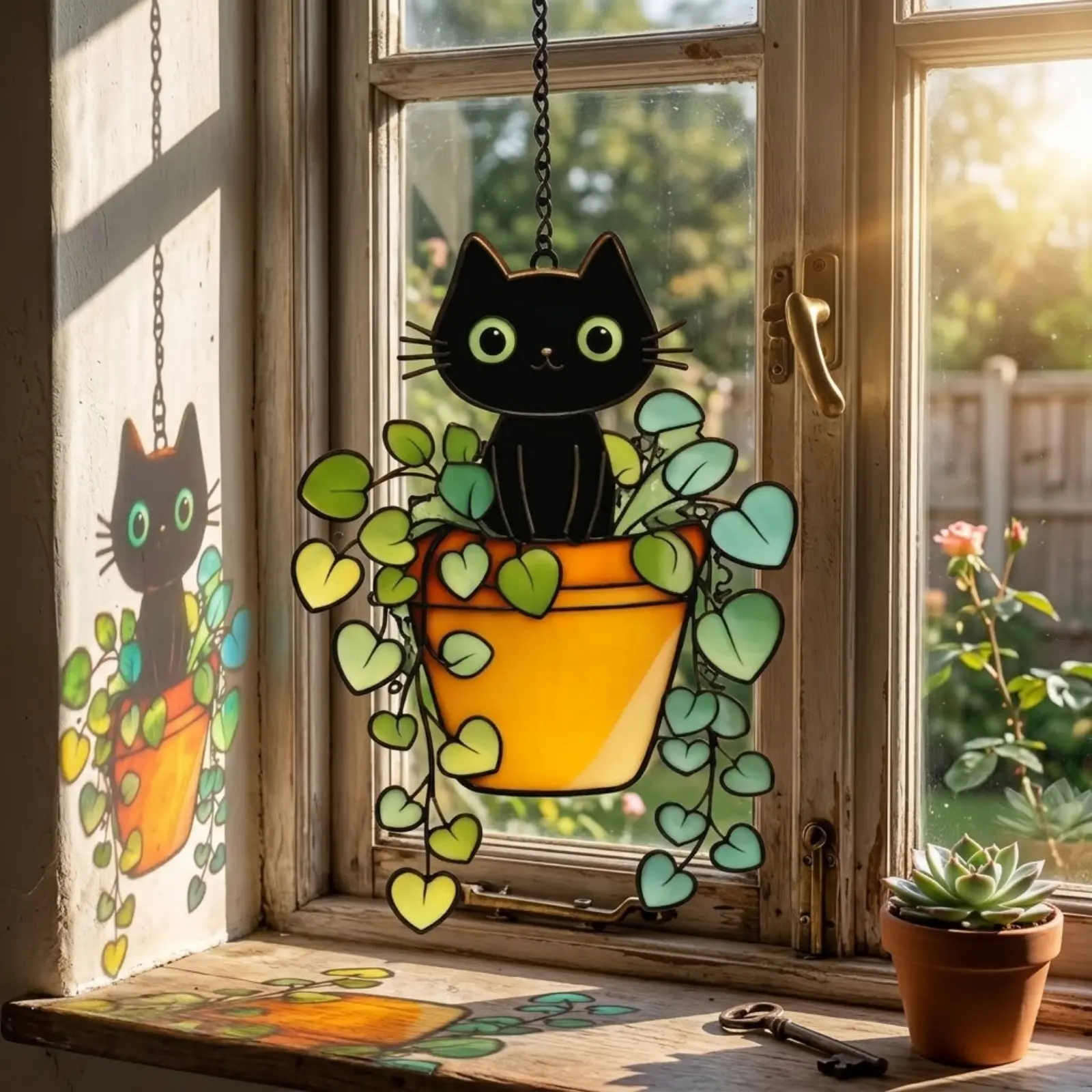 Black Cat Potted Plant GLASS Suncatcher, Stained Glass Window Hanging Ornament, Window Hanging Decor, Unique Surprise Meme Gift, Window Art, Colorful Stained Glass Kitchen, Funny Home Decorations For Mom, Dad, Friends