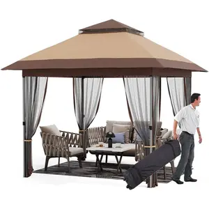 12 X 12ft Pop-up Gazebo, Double Roof Outdoor Canopy Tent with Mosquito Netting, Camping Canopy Gazebo for Lawn, Patio and Garden