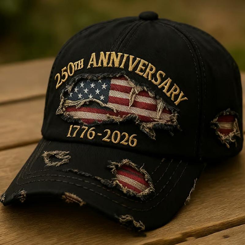 250th Anniversary Baseball Cap, USA 1776-2026, Patriotic Fashion Casual Style, Pairs well with ripped jeans and embroidered map of the United States.