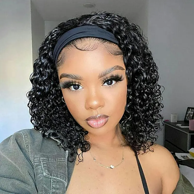 10'' Short Bob Kinky Curly Wave Headband Wig for Women | 100% Virgin Human Hair Protective Style Glueless No Gel Throw & Go Daily Wear Beginner Friendly Natural Black Natural Hairline Heat Resistant Full Soft Fluffy Hair