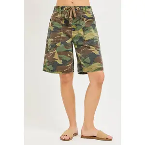 RISEN Camo Print Slouchy Jorts with Eyelet Drawstring
