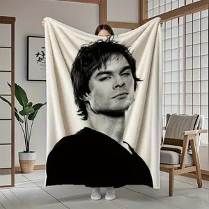 Ian Somerhalder Black and White Portrait Print Flannel Throw Blanket, Soft All-Season Blanket for Bedroom, Actor Face Photo Fan Iconic Look Bedspread, Machine Washable Gift for Sofa Camping, Throw Blankets, Blankets For Bedroom,summervibes