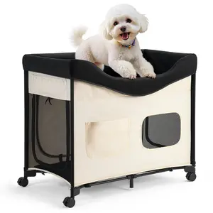 Elevated Lounge Pet Bed, Foldable Bunk Dog Bed With 600D Oxford Cloth And Dutch Velvet, Portable Raised Cot With Wheels, Side Storage Bags Carry Bag, For Cats & Dogs, XL Beige For Home Use