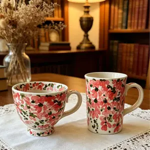 Hand-Painted Ceramic Handle Mug, Multipurpose Kitchen Drinkware for Home Breakfast, Office Coffee & Daily Beverages, Cute Couple Drinking Cup Suitable for Hot & Cold Drinks Like Tea Milk, Practical Gift for Friends and Family