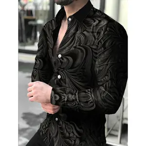 Men'S Mature Street Style Long-Sleeve Shirt with Embossed Print