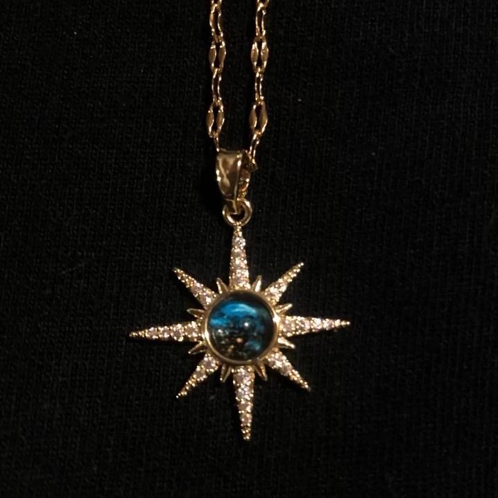 Celestial Earth Moon Stars Pendant, Opalite Jewelry, Gold Chain Necklace Pointy Sun Blue World Orbital Necklace