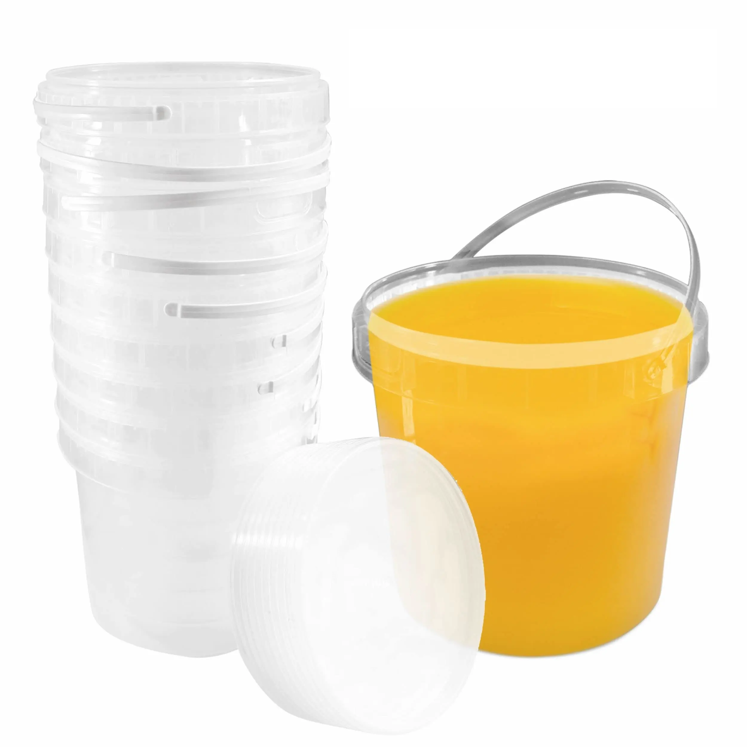 1 Gallon (128 oz) Clear Plastic Bucket with Lid and Handle (5 Pack), Ice Cream Tub with Lids - Food Grade Freezer and Microwave Safe Food Storage Containers, Round Plastic Pail Container, BPA Free