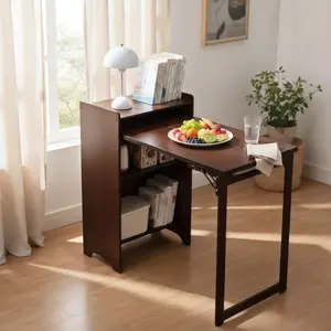 Bamboo Folding Desk, Foldable Desk for Small Space, Computer Desk with Hidden Storage and Built-in Socket, Mid Century Foldable Table for Home Office and Bedroom (Walnut Brown)