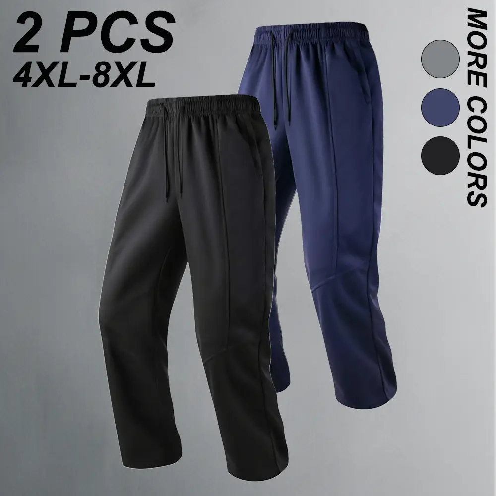Plus-size men’s loose casual straight sweatpants—comfortable, breathable athletic long pants with a drawstring elastic waistband; the waist drawstring is adjustable for a secure fit. Solid color, versatile for everyday wear, commuting, and relaxing at hom