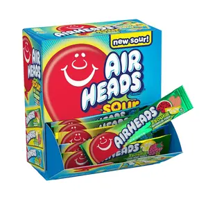 Airheads Sour Full-Size Candy Bars Taffy Variety Bulk Box 60 Count Individually Wrapped Sweet & Sour Flavors Lemon Watermelon Cherry Peanuts Tree Nut Free Gluten Free Kosher