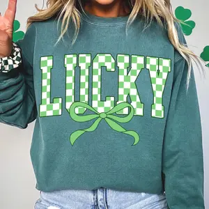 Retro Checkered Lucky St. Patrick’s Day Sweatshirt, Coquette Shamrock T-Shirt, St. Patty’s Day Crewneck, Irish Holiday Clothing