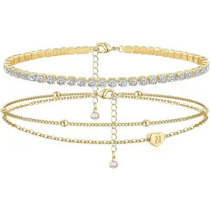 Initial Ankle Bracelets for Women, Dainty Gold Anklets for Women Layered Heart CZ Bead Initial Anklets 14K Gold Plated Ankle Bracelet Set Waterproof Summer Beach Jewelry for Women