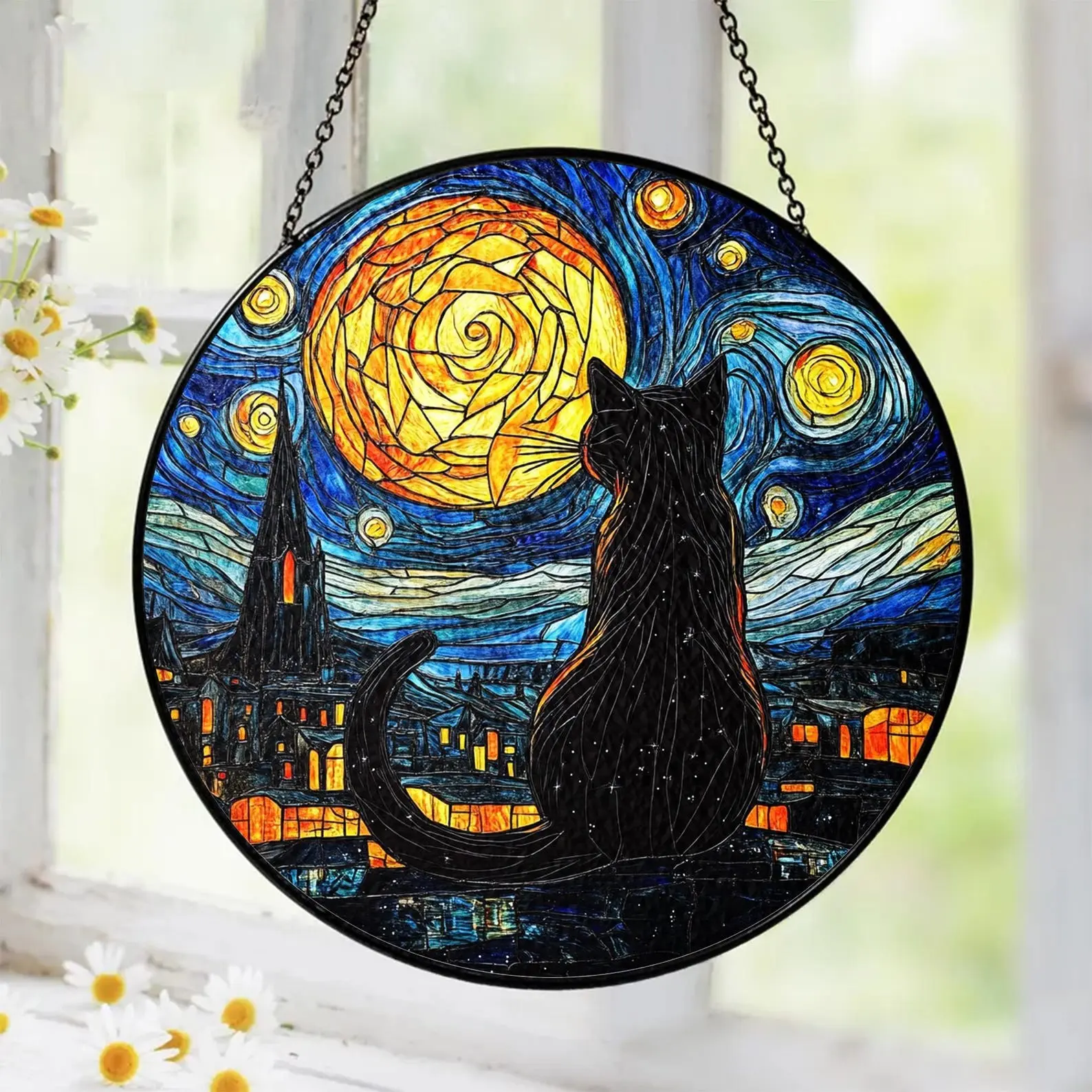 Starry Night Cat Acrylic Suncatcher Window Hanging Ornament - Whimsical Stained Glass Look Celestial Moon Art Decor, Perfect Gift for Cat Lovers Home Patio Decor