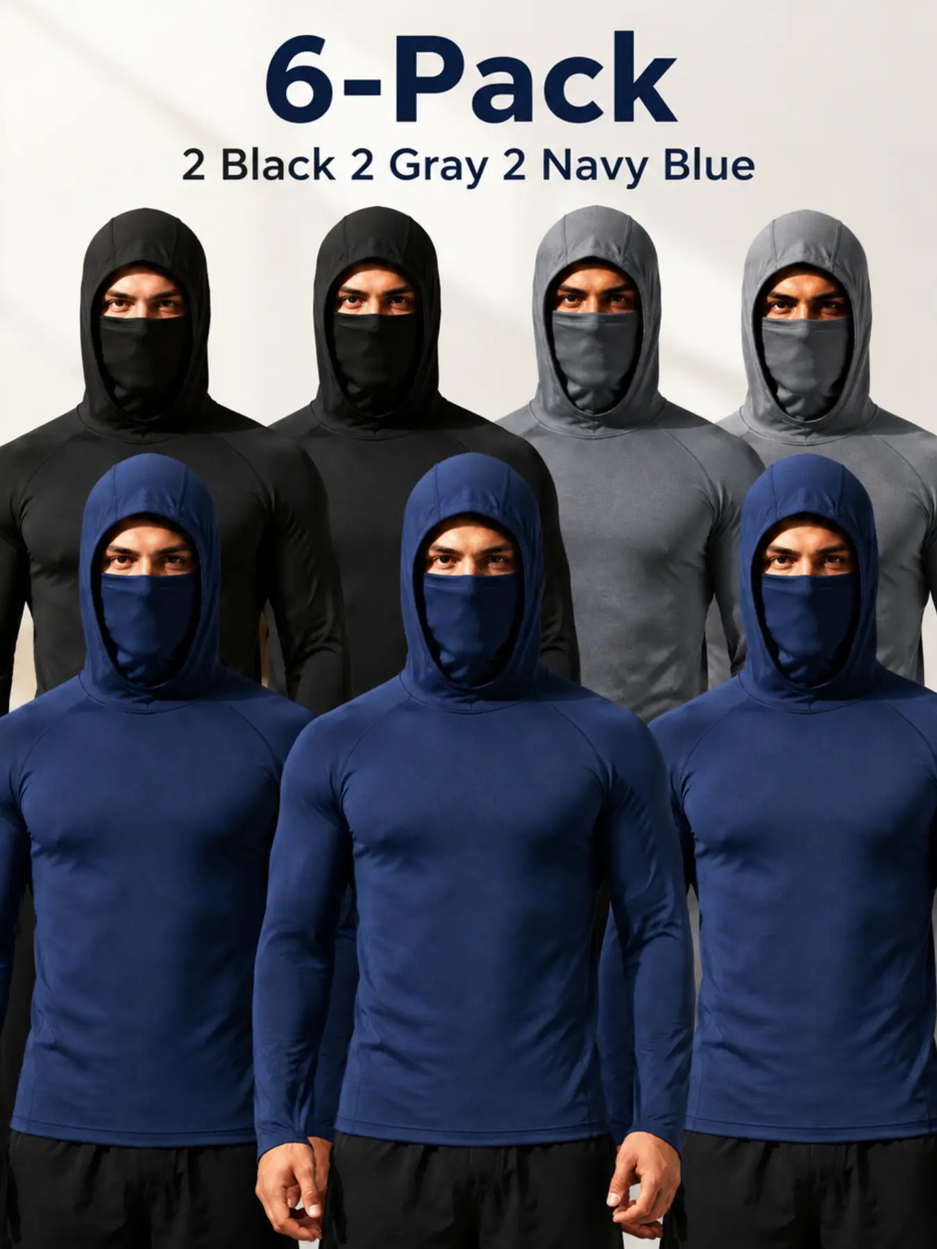 6 Pack Men's Performance UV Sun Protective Long Sleeve Hooded Shirts, Quick Dry Athletic Running Tops with Built-in Face Cover Mask, Moisture Wicking Outdoor Sport Pullover, Lightweight Breathable Activewear Hoodies for Cycling, Fishing, Workouts, Sports