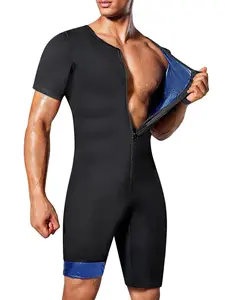 Men's Solid Color Zip Up Shapewear Jumpsuit, High Stretch Comfortable Breathable Round Neck Short Sleeve Sauna Jumpsuit, Tummy Control Shapewear for Men