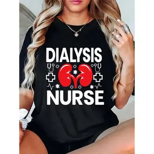 Women’s Dialysis Nurse Graphic T-Shirt – Red Kidney, Stethoscope, Cross, EKG Symbols | Ideal for Nursing Work, Nurse Appreciation, Healthcare Events