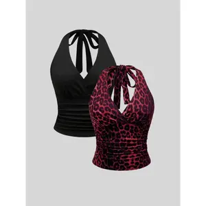 Elegant leopard print V-neck two-piece set, slim fit sleeveless top and skirt, fashionable women for spring and summerRAIMENTRY