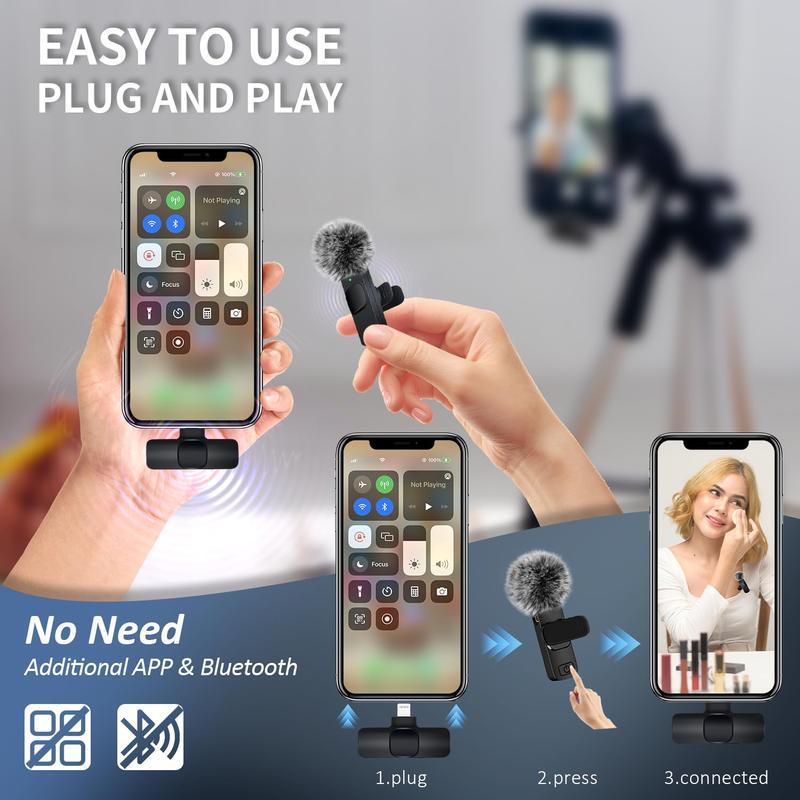 Wireless mini Microphone for iPhone/Smartphone, 2 Mini Lapel Microphones with Clearer Audio for Video Recording, Interview, Vlog，Noise Reduction Device Noise Cancellation Stereo Wireless vlogging  tools handheld high quality audio