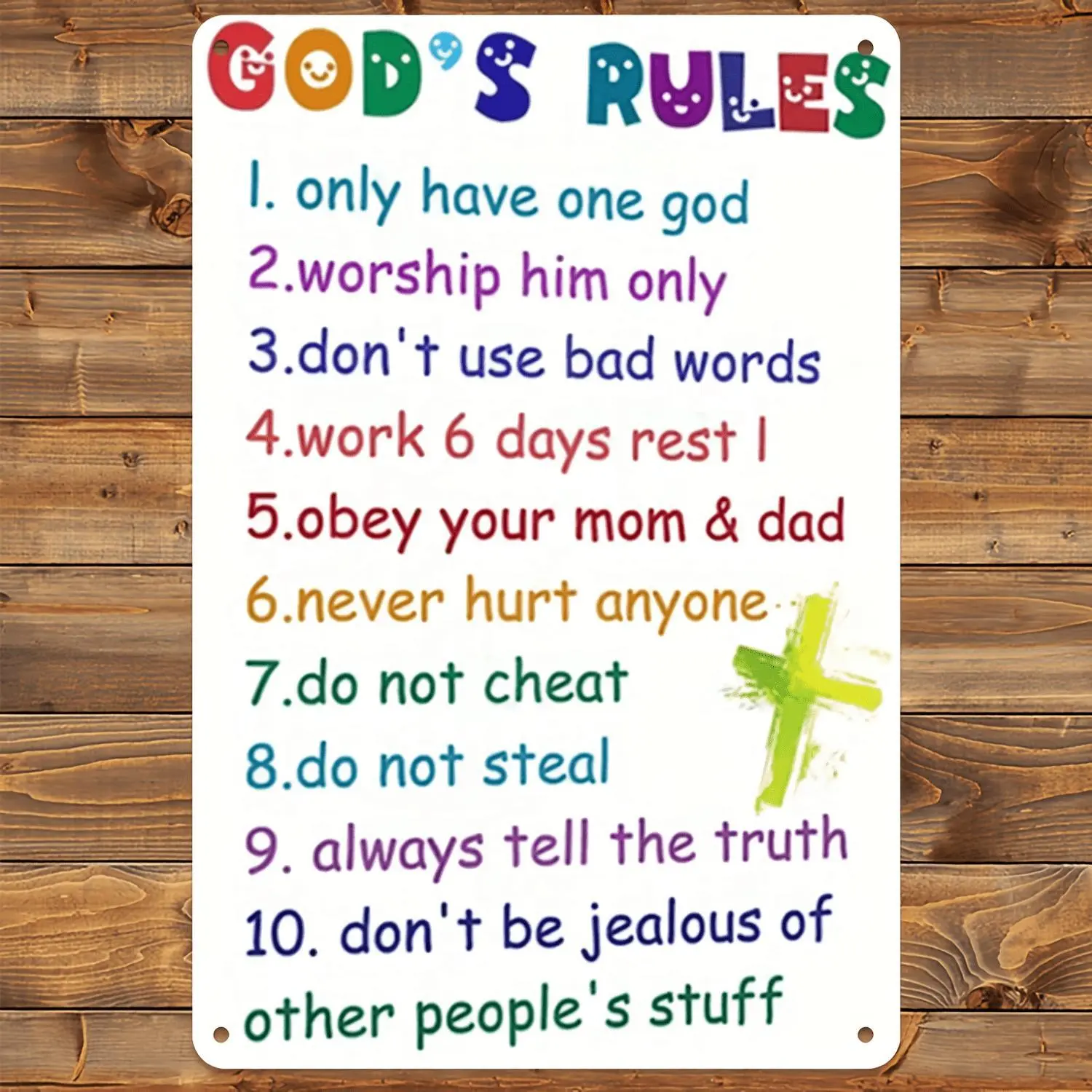 2D Flat, 1pc God's Rules Christian Aluminum Sign - 10 Commandments Laws Poster for Kids, Church &, 8x12 Inch Durable Kids Educational Religious Gift with Color-Coded Commandments, Sunday School Wall Art (Vibrant God's Laws), 2D Flat