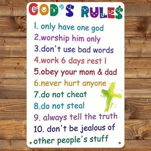 2D Flat, 1pc God's Rules Christian Aluminum Sign - 10 Commandments Laws Poster for Kids, Church &, 8x12 Inch Durable Kids Educational Religious Gift with Color-Coded Commandments, Sunday School Wall Art (Vibrant God's Laws), 2D Flat