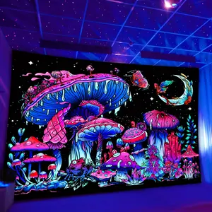 1pc Glow-in-the-Dark Mushroom Moon Tapestry - Large Fluorescent Wall Hanging with Whimsical Night Sky Landscape, Glowing Mushrooms & Stars, Polyester Home Decor for Living Room, Dorm, Dining Room - No Installation Required, Mushroom Decor, Dorm Room Acces