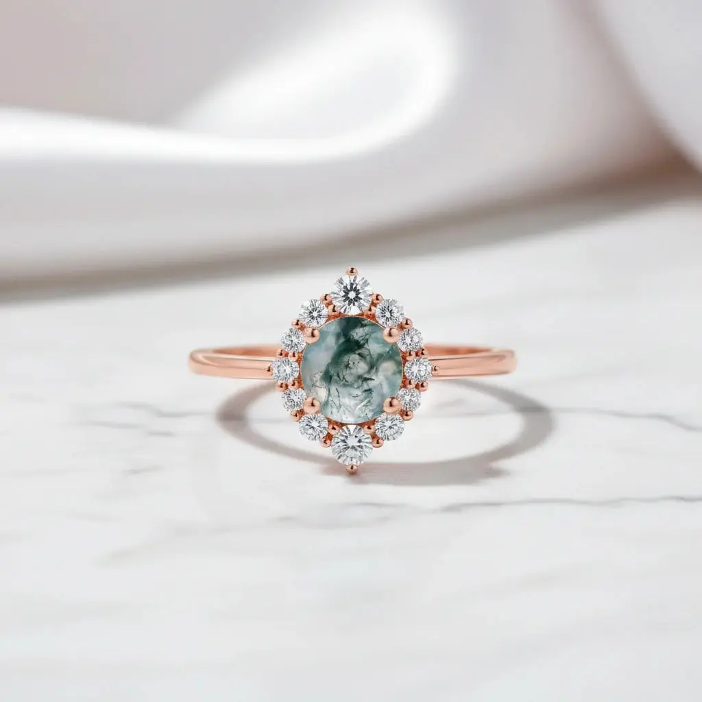 Vintage Moss Agate Halo Promise Chevron Cluster Engagement Ring Set