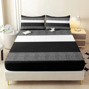 3pcs Stripes Fitted Sheet Set, King/queen Size Mattress Protector, 2D Flat Print Polyester, (sheet + 2 Pillows), Bed Sheet Set