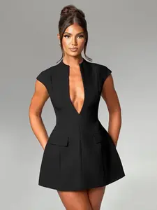 Women's Solid Color Deep V Neck A Line Dress, Elegant Cap Sleeve  Short Dress for Party Dating Wear, Ladies Summer Clothes