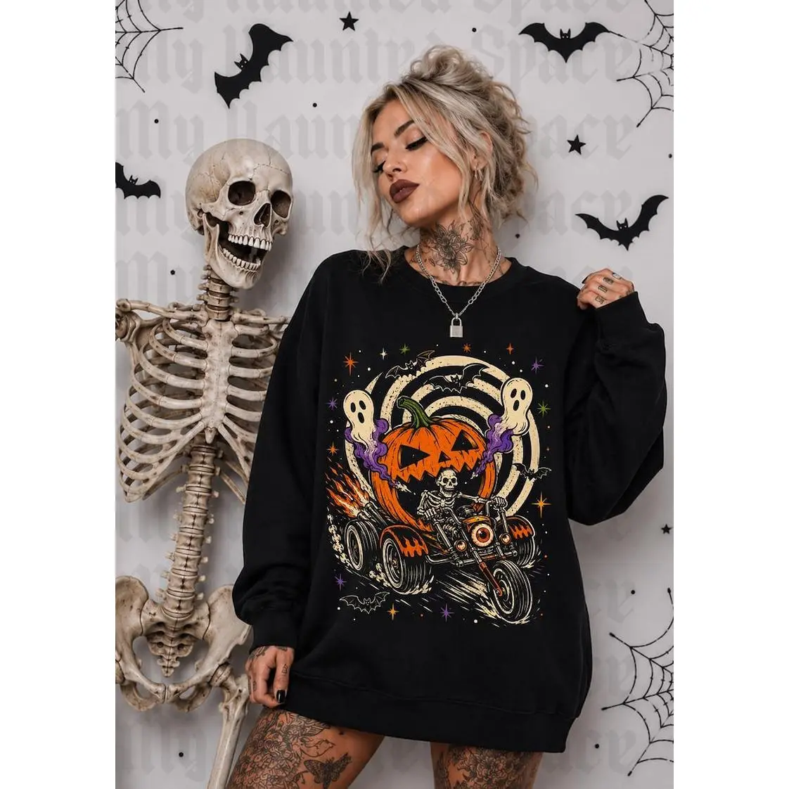 Pumpkin Reaper Ride Sweatshirt, Vintage Halloween Sweatshirt Skeleton Riding Motorcycle With Pumpkin, Halloween Skeleton Sweatshirt Gift