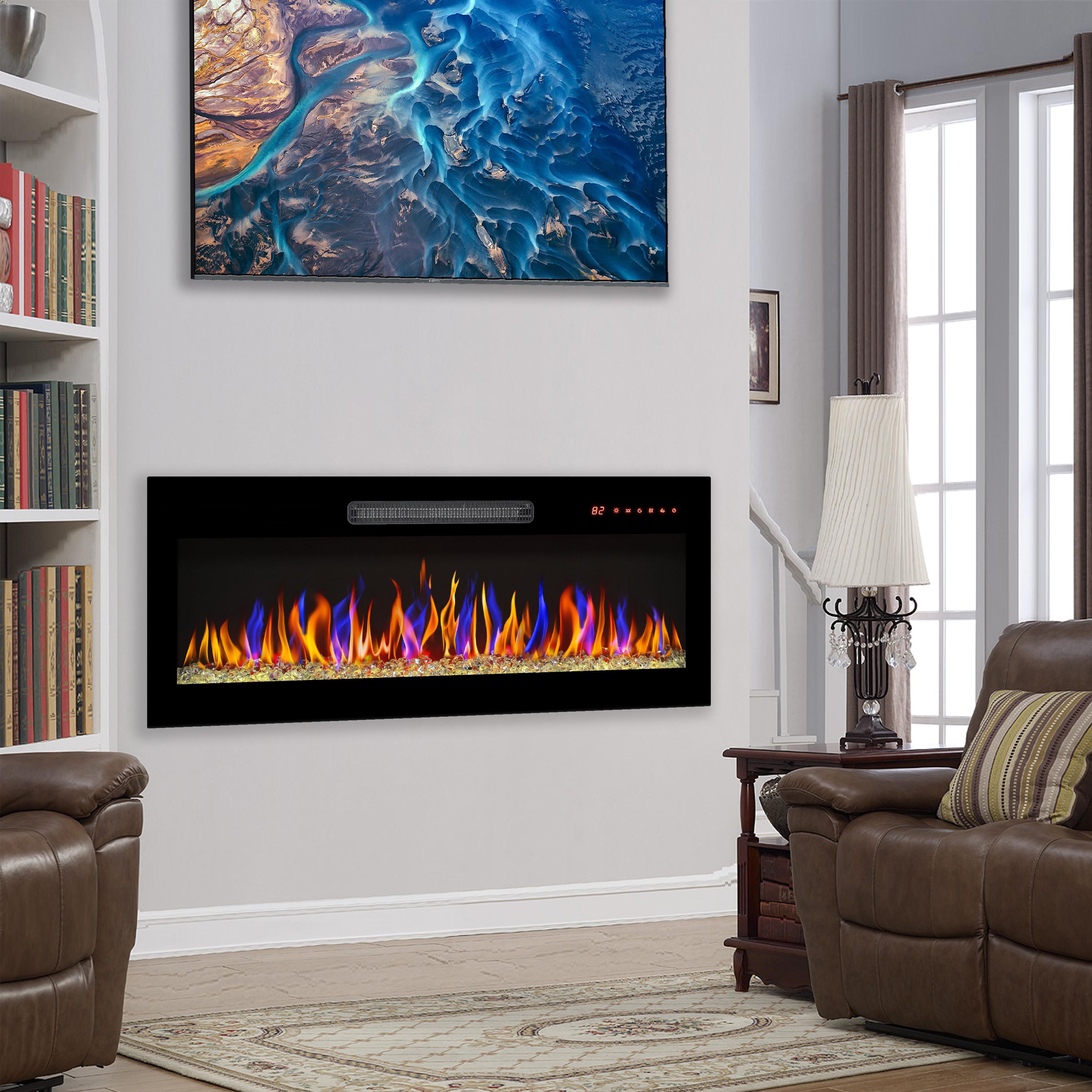 Eyisean 36"/42" Electric Insert Fireplace Heater, Wall-Mounted Recessed Thin Tempered Glass Fireplace with Remote Control & LED Light, 1400W Heat & Adjustable 16 Flame Colors, 3 Display Styles and Timer for Living Room, Bedroom