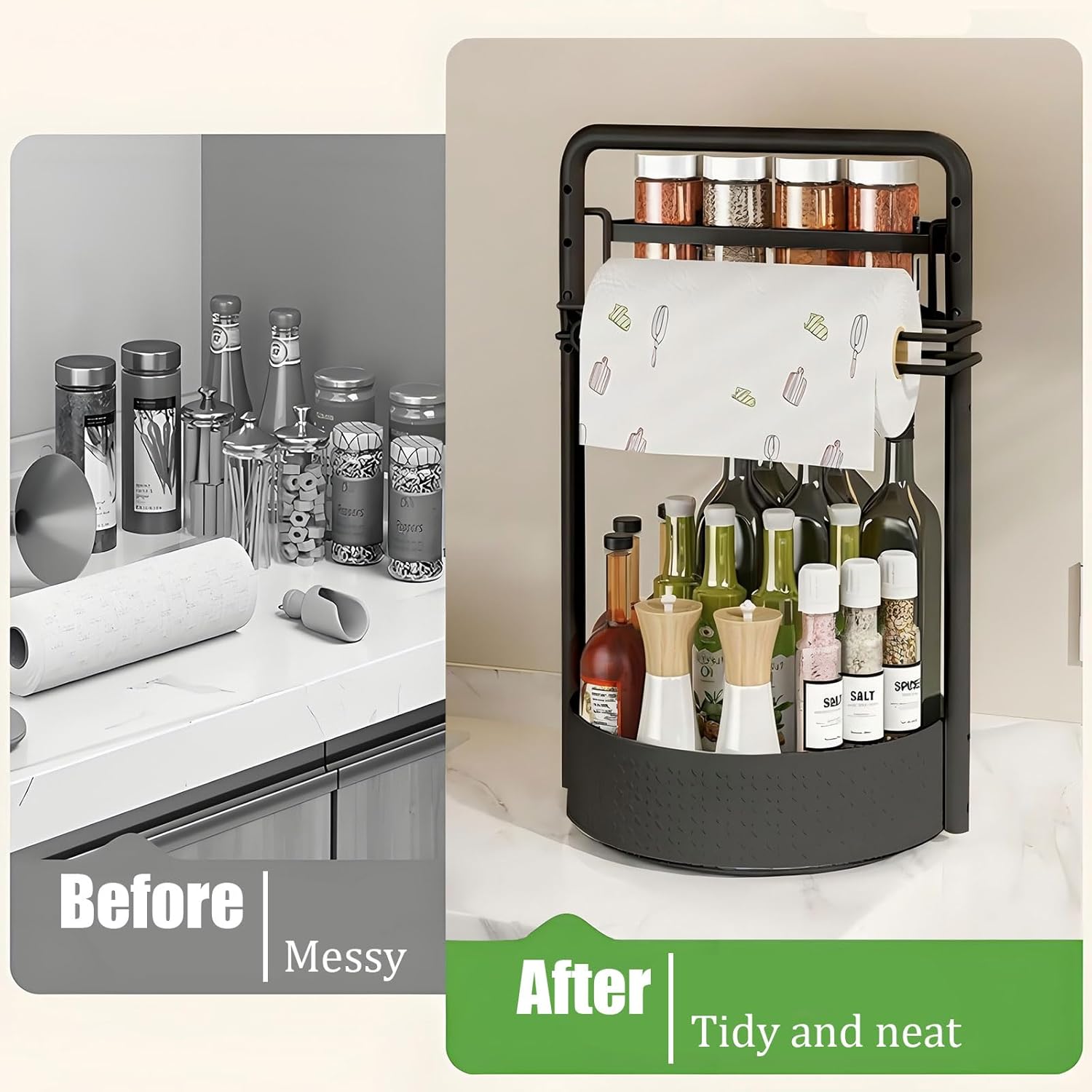 360° Rotating Spice Rack — Double-Tier Turntable Organizer with Industrial Style — Suitable for Kitchen Countertops and Cabinets — Features Integrated Paper Towel Holder — Versatile Kitchen Storage Tray — Black Bottom