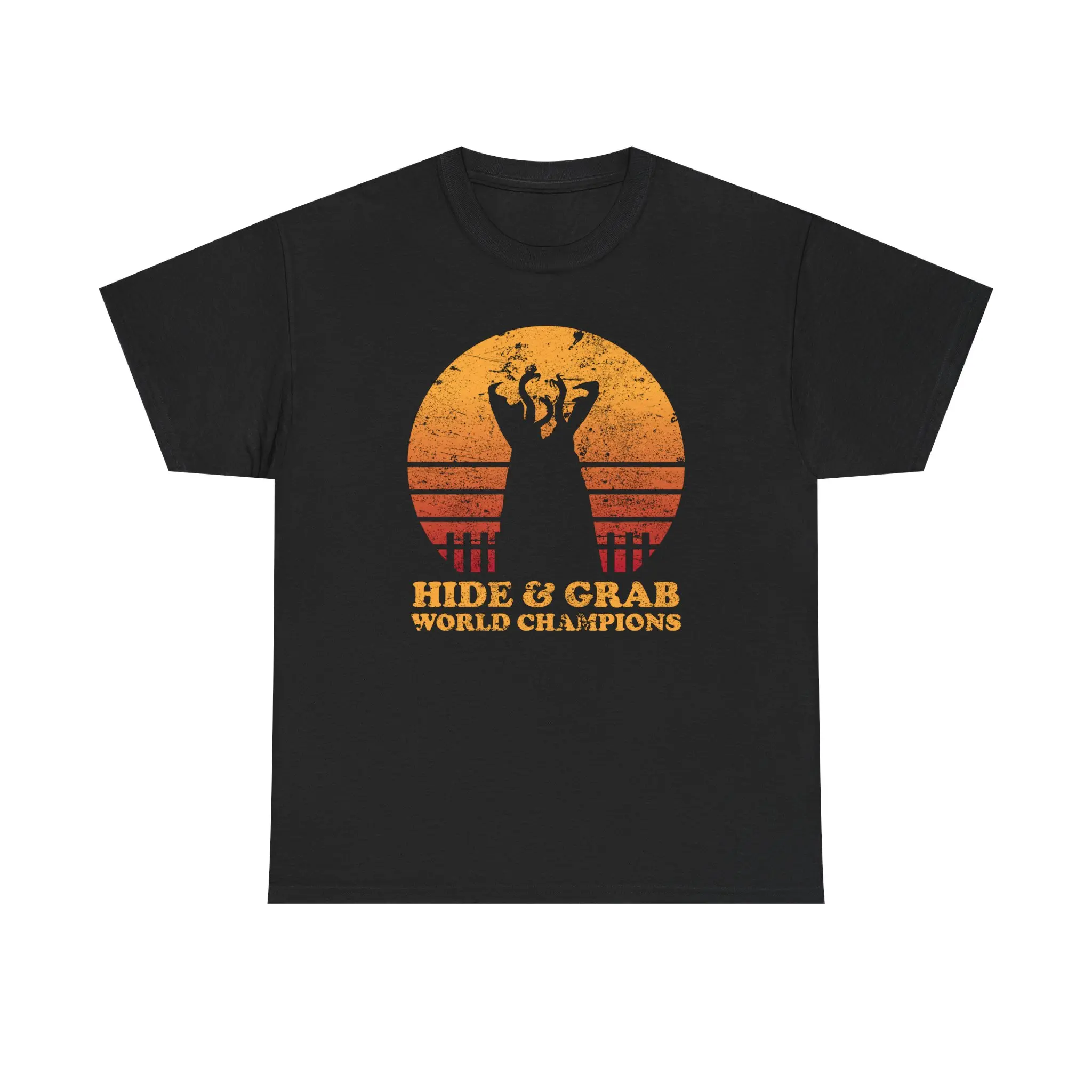 Unisex Heavy Cotton Tee with Hide & Grab World Champions Graphic, Fitted Short Sleeve Crew Neck Top for Summer Casual Wear, Ethically Sourced Cotton, Soft Knit Fabric