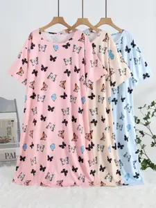 3pcs Plus Size Women's Knitted T-Shirt Dress with Butterfly Print, Casual Short Sleeve Sleepwear Set for All Seasons, Stylish Loungewear, Multicolor